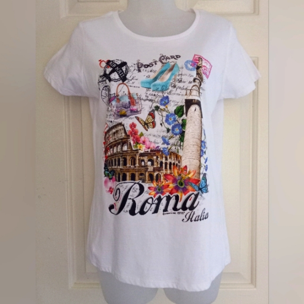 B&C COLLECTION Tee White Rome Italia Italy Graphic Short Sleeve Size Medium